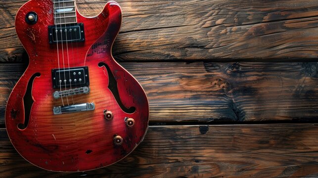 Close up shot of a red apple electric guitar and strings on wood background with copy space in vertical photo Business and music theme ideal as wallpaper or book background