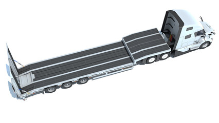 Semi Truck with Lowboy Platform Trailer 3D rendering on white background