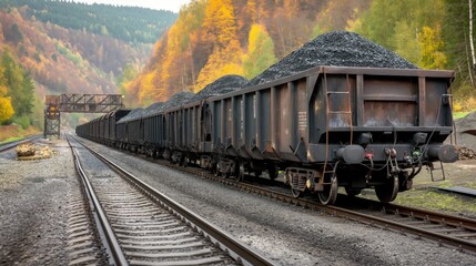 Long line of loaded coal freight train cars on railroad tracks in autumn forest scenery with a railway bridge in the background.