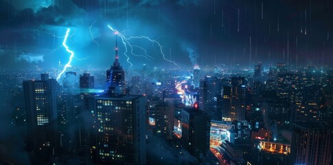 Lightning strikes over a cityscape at night create a dramatic and electrifying scene.
