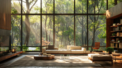 Stylish modern living room with expansive windows and dappled sunlight coming through the trees