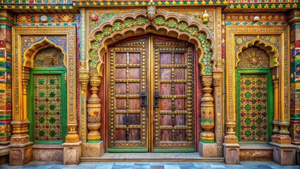 Obraz premium Intricately carved ancient wooden ornamental door with vibrant colors and golden accents adorns a historic Indian temple's entrance.