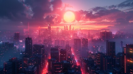 Fototapeta premium Minimalist design featuring simple shapes and a serene color palette. neon lights and holograms on buildings, cyberpunk aesthetic, dark color grading, digital photography, double exposure, negative