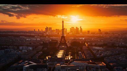Sunset over Paris with Olympic rings and Eiffel Tower, panoramic backdrop for Paris 2024 Summer Olympics