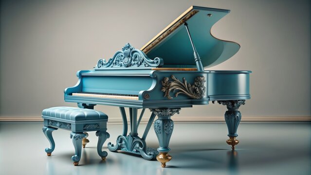 Elegant blue grand piano with intricately carved legs sits solo on a soft, pale background, exuding refinement and classical sophistication. - Powered by Adobe
