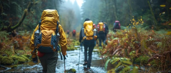 Fototapeta premium Group hiking trip through scenic trails