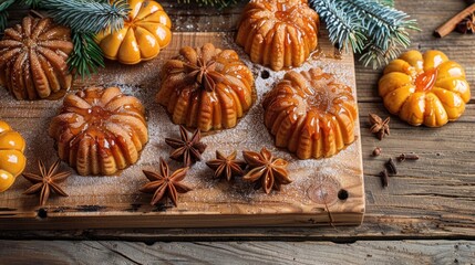 Spiced honey cakes on wooden backdrop Festive holiday display