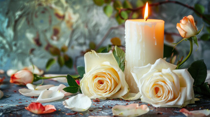 Sympathy and condolence imagery with a white candle, roses, and flower petals