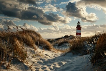 A backyard on the island of sylt with a red and white lighthouse in the background, dunes, sea, the sun shining, landscape photography,