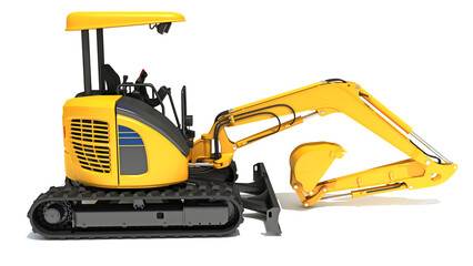 Tracked mini excavator construction machinery 3D rendering on white background