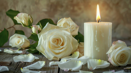 Sympathy card with a white candle, roses, and flower petals, conveying condolences