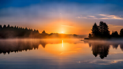 Obraz premium a-peaceful-morning-with-the-sun-rising-over-a-calm-lake-surrounded-by-mist-and-silhouetted-trees