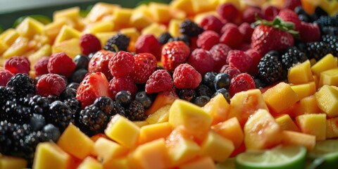 Close up of various cut fruits on plate