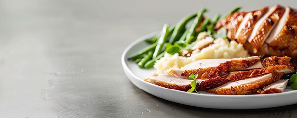A delicious plate of sliced roast turkey, creamy mashed potatoes with gravy, and fresh green beans, perfect for a holiday meal.