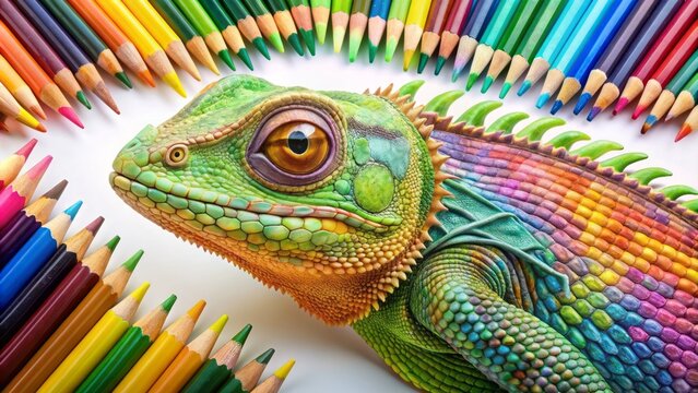 Vibrant reptile illustration with numbered sections awaiting colorful pencils on a white background surrounded by scattered crayons and papers.