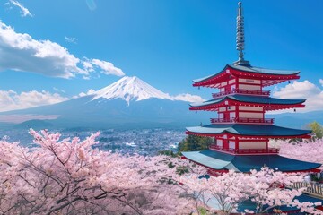 A beautiful Japanese landscape with cherry blossoms in full bloom, showcasing the iconic Chureito Pagoda and Mount Fuji under clear blue skies. The scene captures spring's vibrant colors  