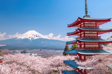 Obraz premium A beautiful Japanese landscape with cherry blossoms in full bloom, showcasing the iconic Chureito Pagoda and Mount Fuji under clear blue skies. The scene captures spring's vibrant colors 