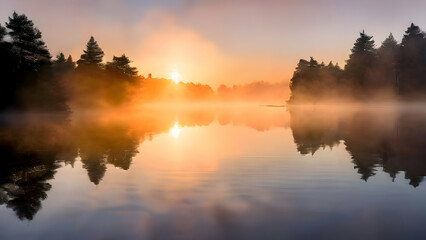 Fototapeta premium a-peaceful-morning-with-the-sun-rising-over-a-calm-lake-surrounded-by-mist-and-silhouetted-trees
