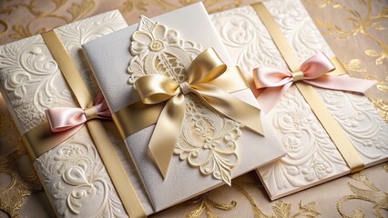 Elegant, gold-foil embossed, white, cream, and blush-hued invitation cards with intricate floral patterns, ribbons, and lace on a velvet background.