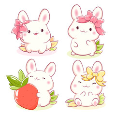 Set of little bunny in kawaii style. Tiny baby rabbits in multiple poses. Cute rabbit expression sheet collection. Can be used for t-shirt print, sticker, greeting card. Vector illustration EPS8