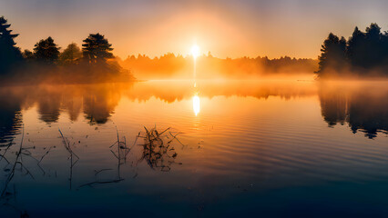 Fototapeta premium a-peaceful-morning-with-the-sun-rising-over-a-calm-lake-surrounded-by-mist-and-silhouetted-trees