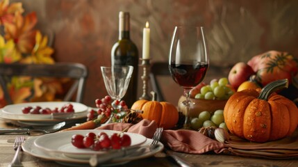 Autumn-themed dinner with fall decorations on a table, ready for Thanksgiving or harvest celebration.
