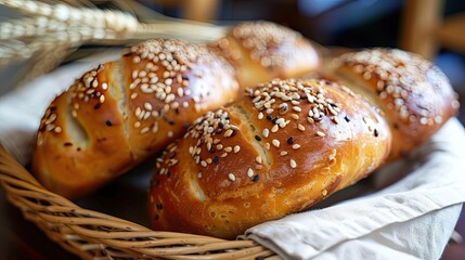Freshly baked bread rolls with sesame seeds in a basket, perfect for breakfast or a snack. High-quality stock photo suitable for various uses.