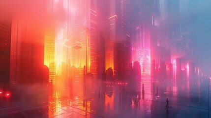 Opalescent abstract painting with radiant reflections and translucent layers. neon lights and holograms on buildings, cyberpunk aesthetic, dark color grading, digital photography, double exposure,