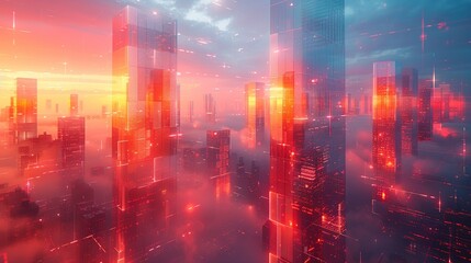 Obraz premium Opalescent abstract painting with radiant reflections and translucent layers. neon lights and holograms on buildings, cyberpunk aesthetic, dark color grading, digital photography, double exposure,