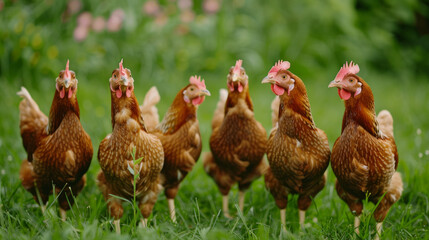 Fototapeta premium closeup of free range chickens on grassy field with rustic wooden chicken coop in the background Rhode Island Red chickens hens in nature roaming happy good life rural farm agriculture background