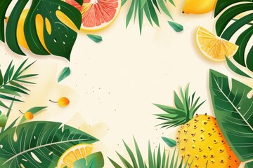 Vibrant tropical fruit scene with oranges, lemons, pineapple, and sliced limes on a lush green leafy background.