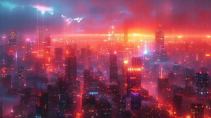 Fototapeta premium Whimsical abstract composition featuring layered elements and captivating textures. neon lights and holograms on buildings, cyberpunk aesthetic, dark color grading, digital photography, double