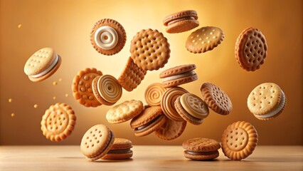 Delicious, crunchy biscuits suspended in mid-air against a rich, velvety cream background, evoking a sense of whimsical indulgence and sweet temptation.