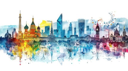 Fototapeta premium Watercolor painting of iconic landmarks from around the world.