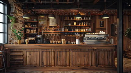 Vintage wooden coffee shop interior design with warm, cozy tones, classic old wooden corner counter, and coffee brewing equipment
