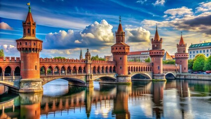 Fototapeta premium Historic Oberbaum bridge with Gothic Revival towers spansRiver Spree in Berlin, showcasing intricate brickwork and majestic architecture details.