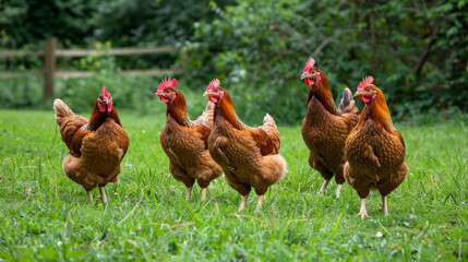 closeup of free range chickens on grassy field with rustic wooden chicken coop in the background Rhode Island Red chickens hens in nature roaming happy good life rural farm agriculture background
