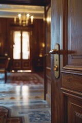 Obraz premium An elegant vintage wooden door with a gold lock, brass handle and intricate panels. The door is part of a luxurious room decorated in traditional style, featuring high-end materials.