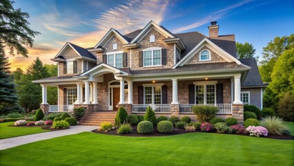 Obraz premium Beautiful large suburban residence featuring stone columns, wide porch, manicured lawn, and impeccable landscaping amidst serene surroundings.