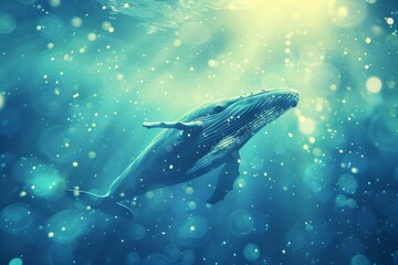 Naklejka premium Majestic Whale in Illuminated Underwater Wonderland
