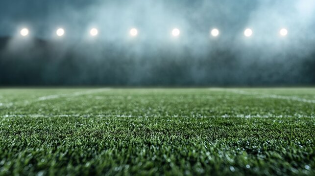 Football Field Under the Spotlight: A dramatic low angle view of a green football field bathed in the glow of stadium lights, with a hazy atmosphere adding to the sense of anticipation and excitement.