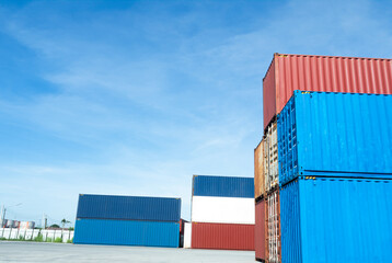 Container export logistic port Blue sky background space road import business freight logistic transport custom industry service airplane container ship truck cargo stack, industrial transportation.