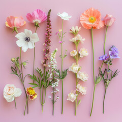 Celebrate International Women's Day on March 8th with a beautiful greeting card featuring a variety of flowers arranged on a soft pink backdrop.