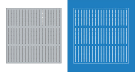 Wireframe blueprint for technical and architectural purposes of perforated metal grid-pattern drain covers for drainage systems