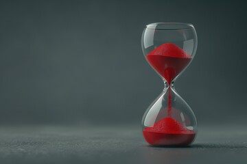 A single red sand hourglass against a dark background. Concept of time, decision making or patience.