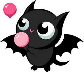 Adorable cartoon bat blows vibrant pink bubble gum. 