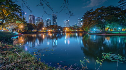 Fototapeta premium lake in the city with tall building at background at night time
