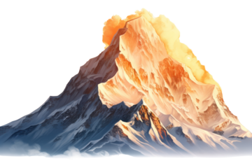 Tall snow-capped peaks pierce the clouds, bathed in the golden light of the rising sun. Isolated on a white background