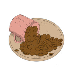 Overturned cup with coffee beans on saucer color illustration