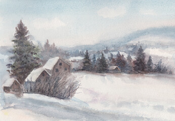 village in the vast winter hills